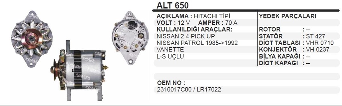 Alternatör 12v 70ah Nissan 2,4 Pikap Nıssan Patrol Vanetta Forklift Clark Forklift Alt650 | Dodo Alt650