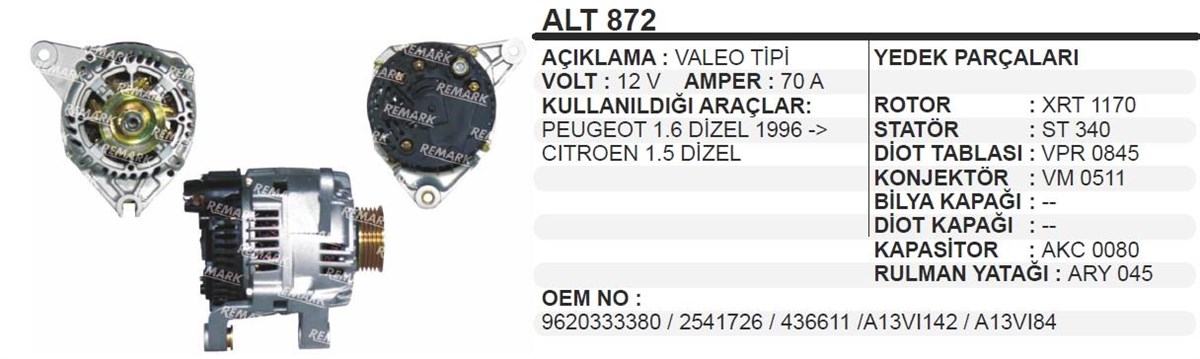 Alternatör 12v 70ah Peugeot 3 Kulak Cıtroen 1,6-1,5 Saxo Sakso | Remark Alt872