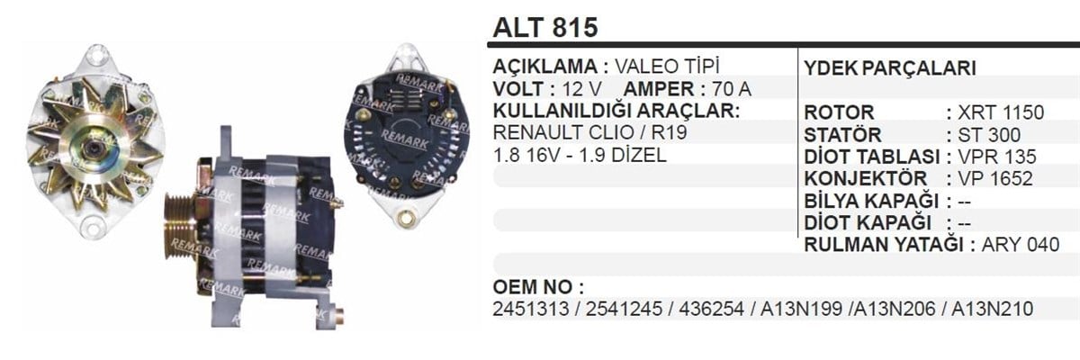 Alternatör 12v 70ah R19 R21 R11 Expes Europa Alt815 | Aes Alt815