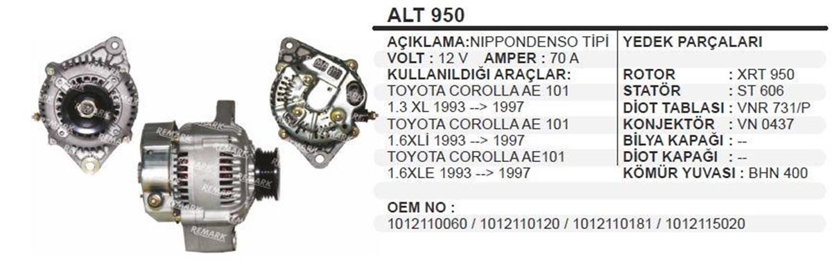 Alternatör 12v 70ah Toyota Corolla Ae101 | Dodo Alt950
