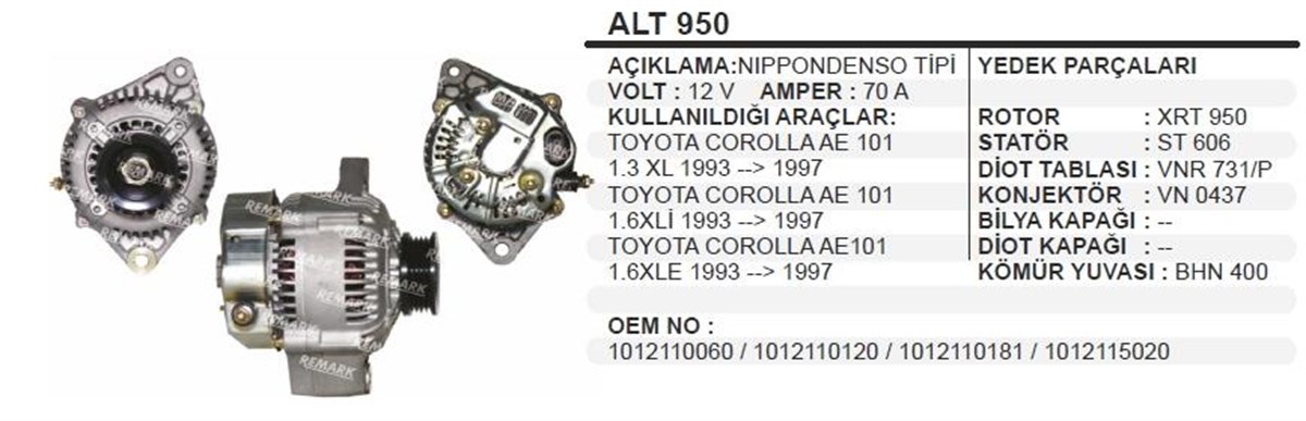 Alternatör 12v 70ah Toyota Corolla Ae101 | Wınwın Alt950