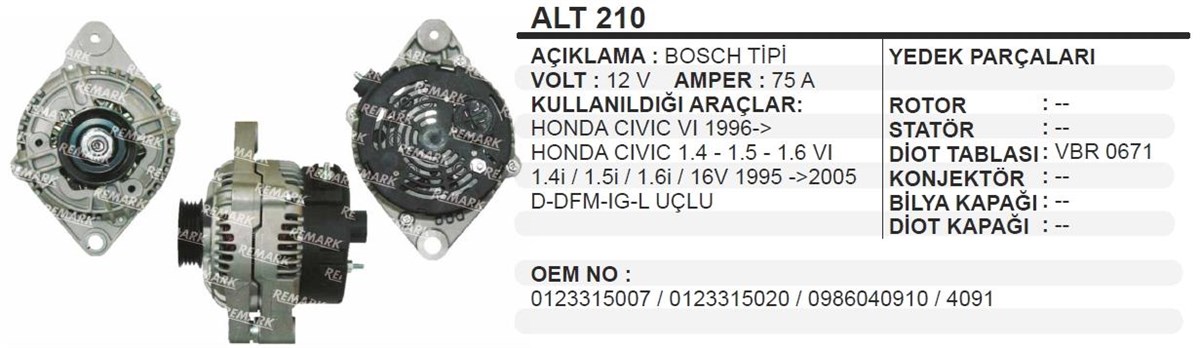 Alternatör 12v 75ah 4fişli Honda Cıvıc Alt210 | Ithal T210