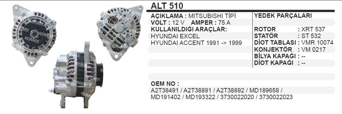 Alternatör 12v 75ah Hyundai Accent Getz Exel Alt510 | Martek Alt510