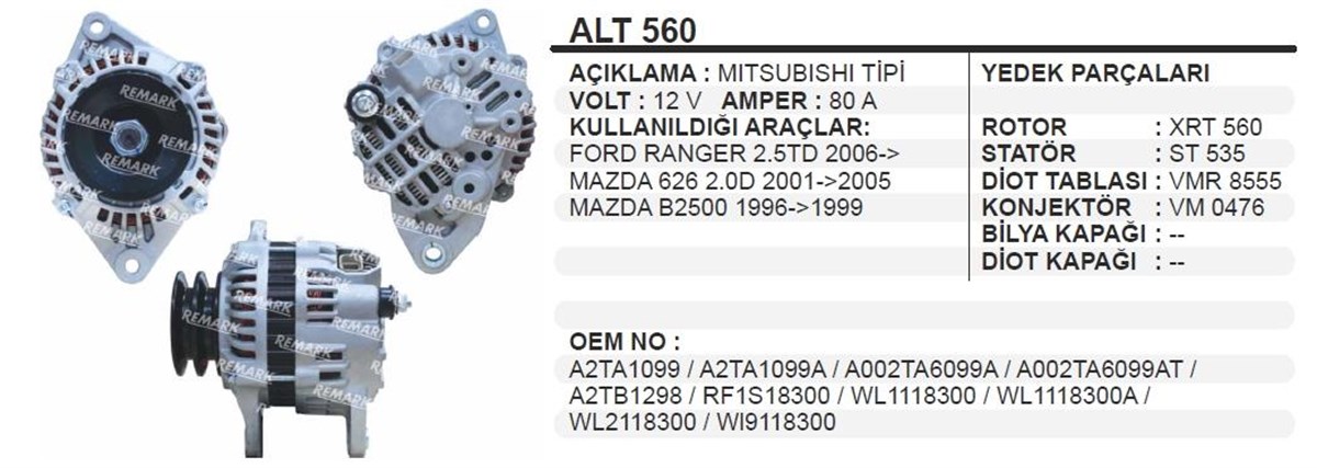Alternatör 12v 80ah Ford Ranger Mazda Mits Kia Rio Alt560 | Pluslıne A2tb1298