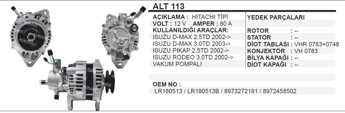 Alternatör 12v 80ah Isuzu Dmax Pikap Rodeo Hıtachı Alt113 | Aes Alt113