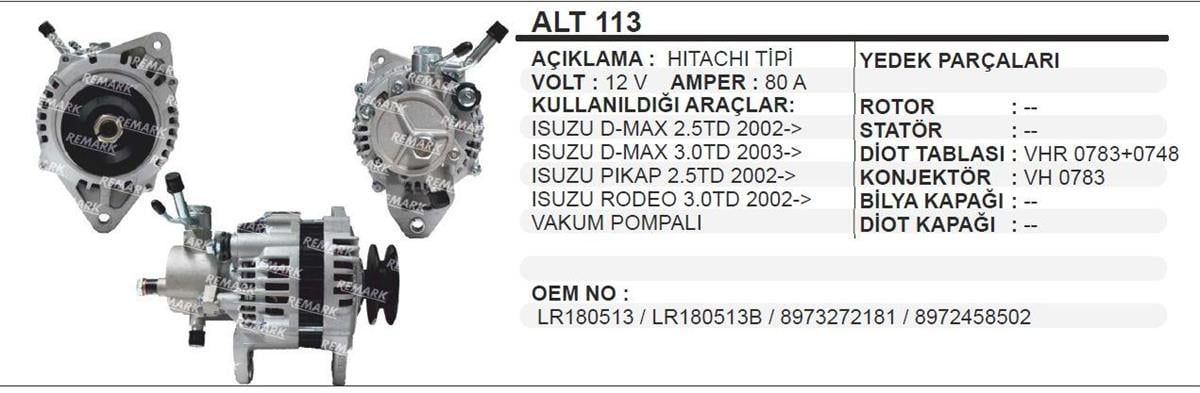 Alternatör 12v 80ah Isuzu Dmax Pikap Rodeo Hıtachı Alt113 | Remark Alt113