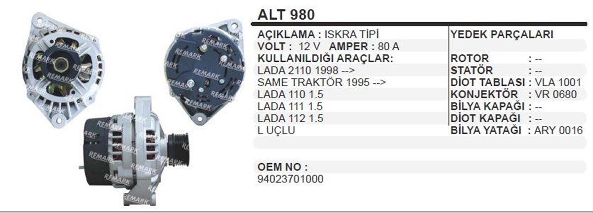 Alternatör 12v 80ah (revizyon) Lada Vega Same Traktör Alt980 | Ithal T980r