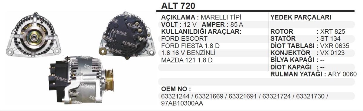 Alternatör 12v 85ah Bosch Tipi Ford Escort 1,6-1,8 1995-2000 | Remark Alt720