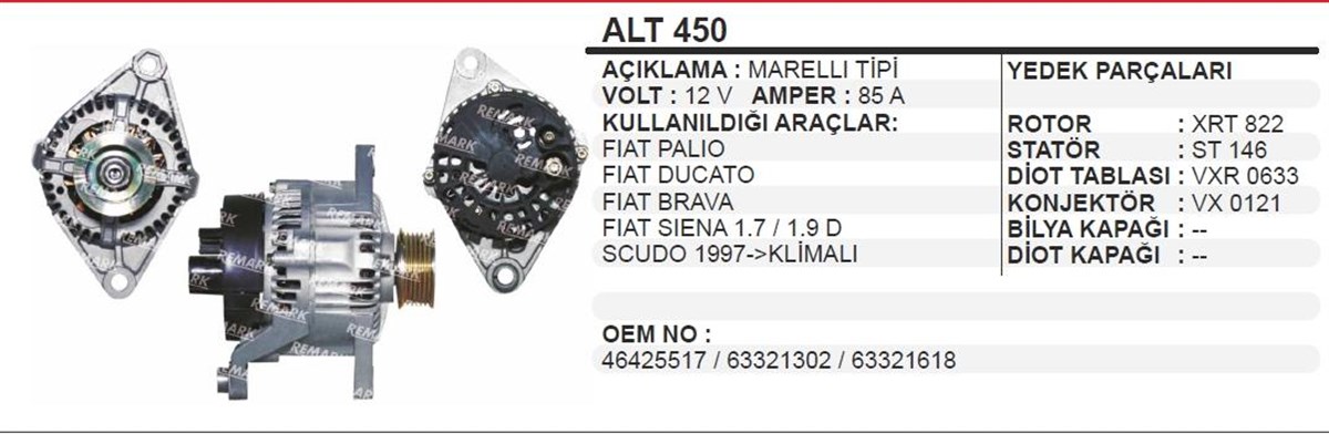 Alternatör 12v 85ah Fıat Palio Ducato Brava Siena Scudo Klimalı Alt450 | Wınwın Alt450