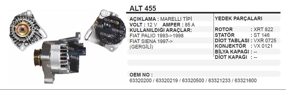 Alternatör 12v 85ah Fıat Palio Siena (gergili) | Wınwın Alt455