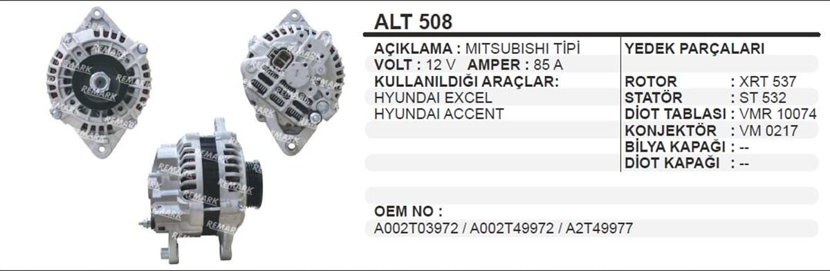 Alternatör 12v 85ah Hyundai Exel Accent Proton Alt508 | Wınwın Alt508