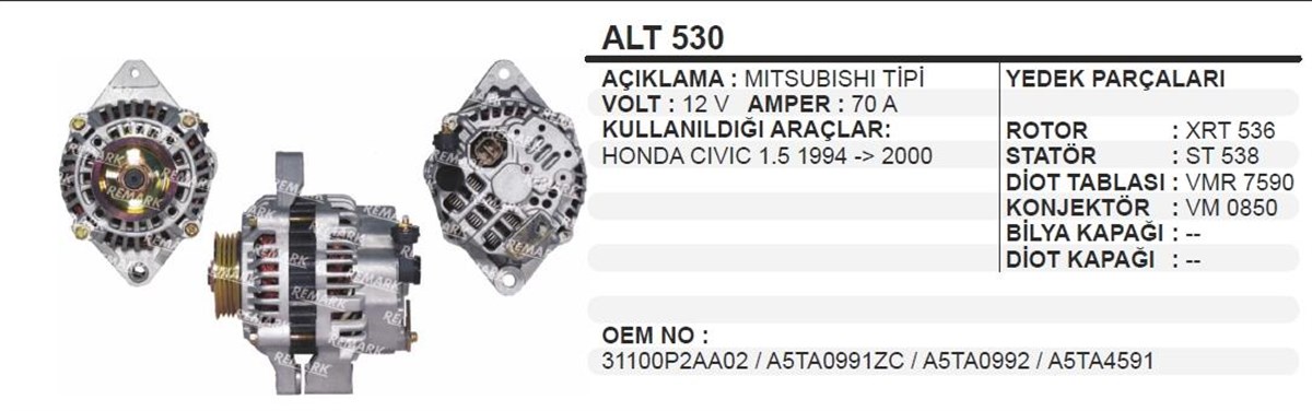 Alternatör 12v 90ah 4fiş Honda Cıvıc Mıts.tip | Dodo Alt530