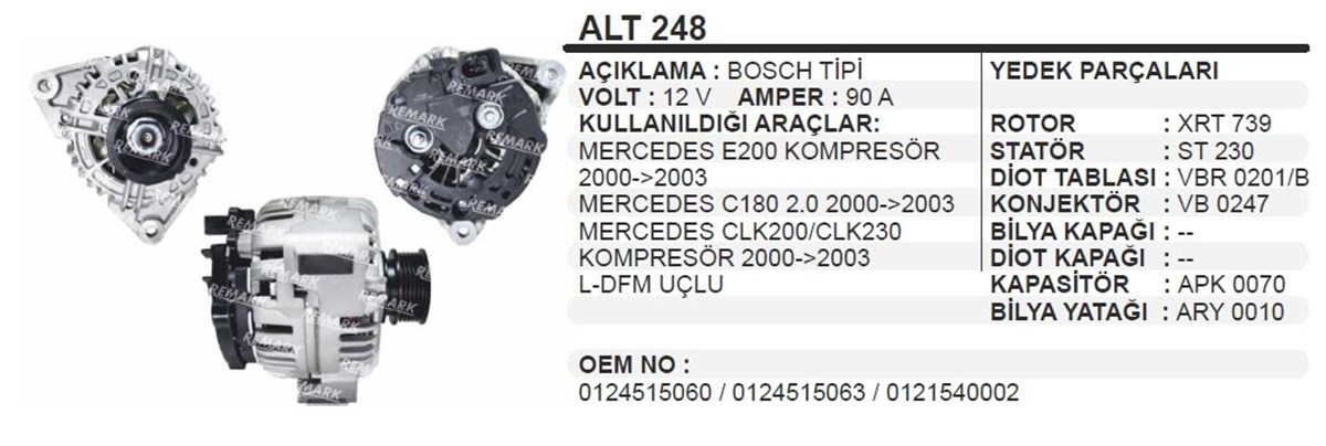 Alternatör 12v 90ah Bosch Tipi Mercedes E200 C180 Clk200 Clk230 Kompresör 2000-2003 Alt248 | Remark Alt248