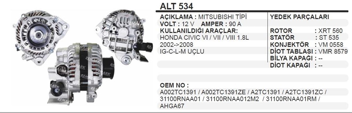 Alternatör 12v 90ah Honda Cıvıc Vı Vıı Vııı02-08 Ig C L M Uçlu 31100rnaa01 Alt534 A2tc1391 Ema3662 | Bypart Ema3662