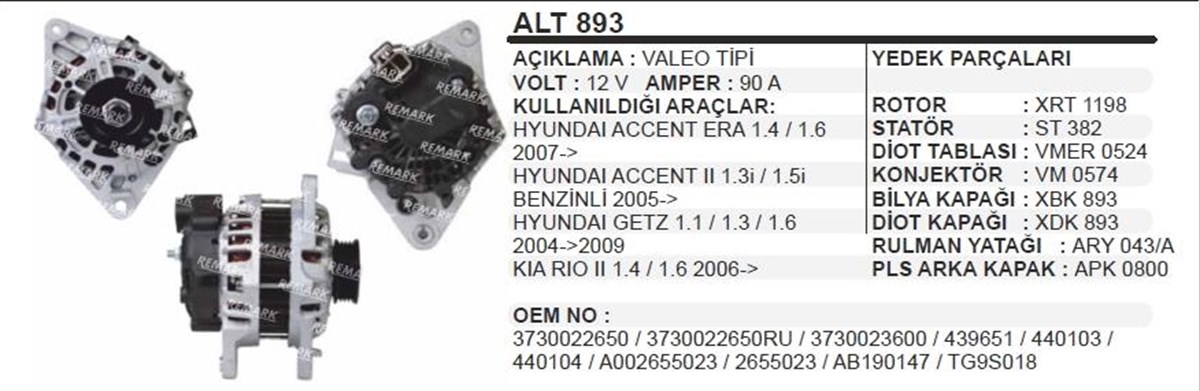 Alternatör 12v 90ah Hyundaı Accent 1,3-1,5 Valeo Tipi | Dodo Alt893