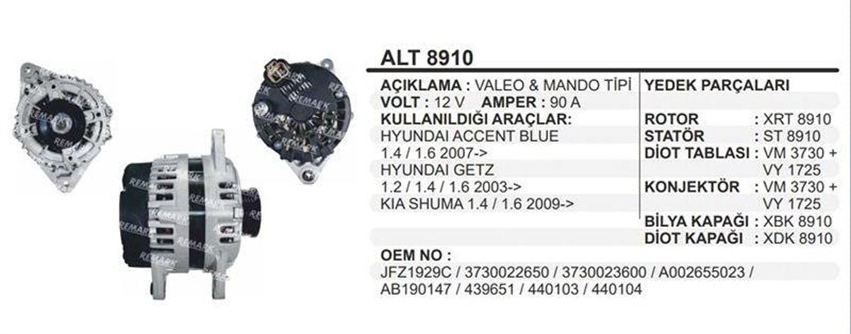 Alternatör 12v 90ah Hyundai Accent Era Getz Kia Shuma 3730022650 3730023600 A002655023 | Remark Alt8910
