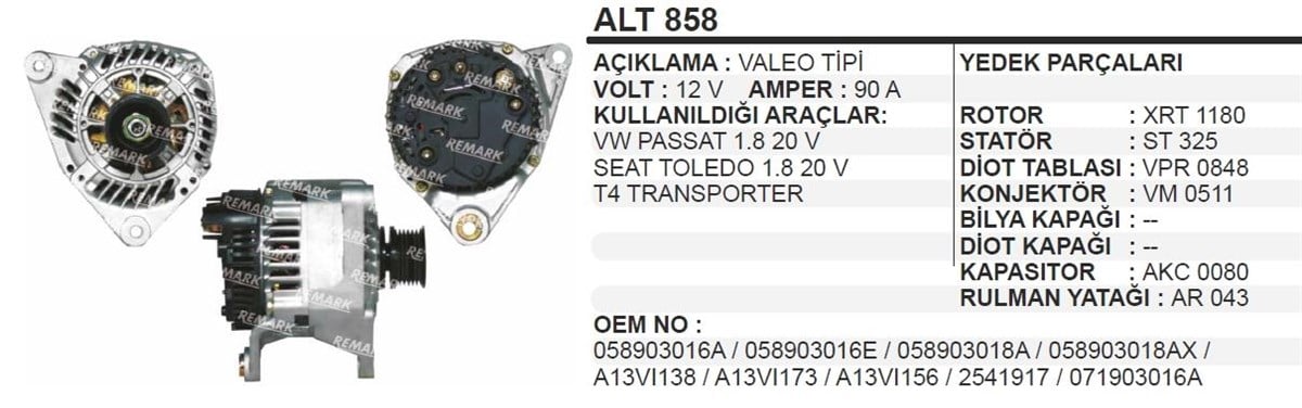 Alternatör 12v 90ah Passat Toledo 1,8 Alt858 | Remark Alt858