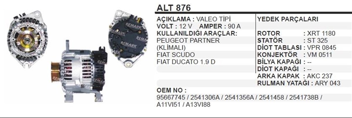 Alternatör 12v 90ah Pejo Partner Ducato 1,9 Klimalı Fıat Scudo Fıat Ducato 1.9 | Wınwın Alt876