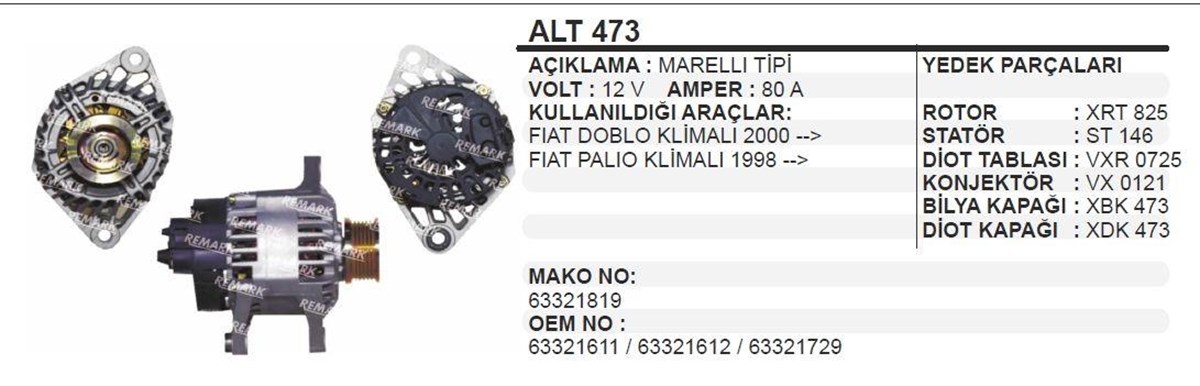 Alternatör 12v 90ah (revizyon) Doblo Palio Klimalı-ym | Ithal T473r