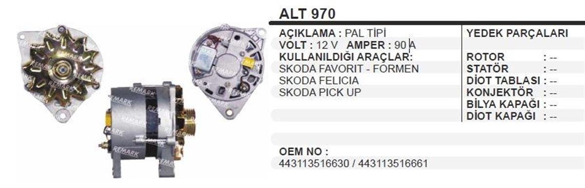 Alternatör 12v 90ah Skoda Felicia Favorit Formen Pıckup Alt970 | Schenna Alt970
