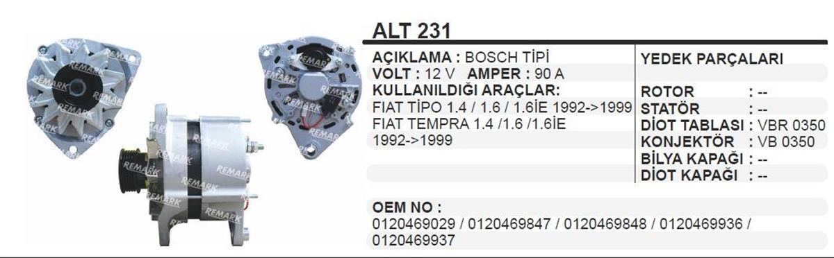 Alternatör 12v 90ah Fıat Tempra/tipo 1992-1999 (klimalı) Bosch Tip Alt231 | Aes Alt231