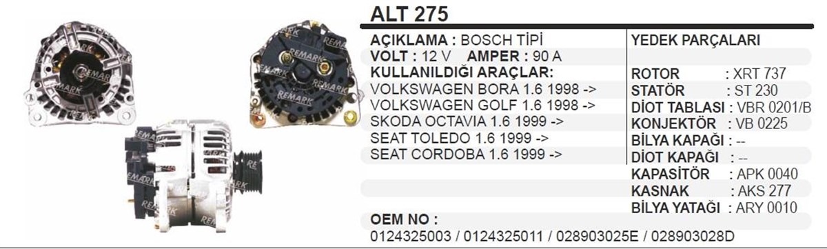 Alternatör 12v 90ah Vw Audi Seat Skoda Bosch Tip Alt275 0124325096 | Ithal T275