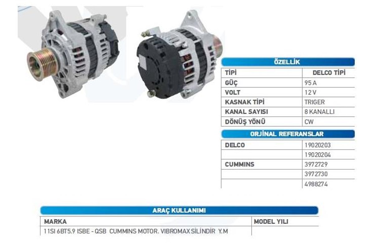 Alternatör 12v 95ah (8pk 4fiş) Cummins Vibromax Volvo Penta Amerikan Marik New Holland Ls Lastikli Mini Yükleyici Volvo Penta | Wutse Alt8722