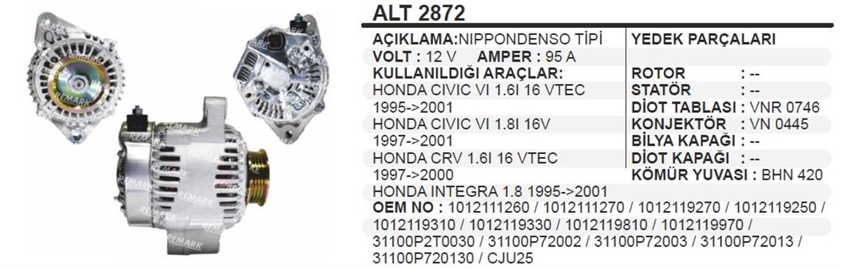 Alternatör 12v 95ah Honda Cıvıc Vı 1,6ı 16 Vtec 1012111260 Alt2872 | Ithal T2872
