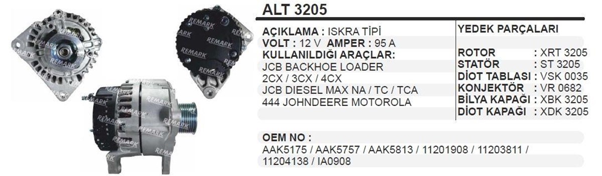 Alternatör 12v 95ah Iskra Jcb 4cx 2007 Jcb Backhoe Loader Johndeere Alt3205 Alt12786n 12786n 11201908 | Remark Alt3205