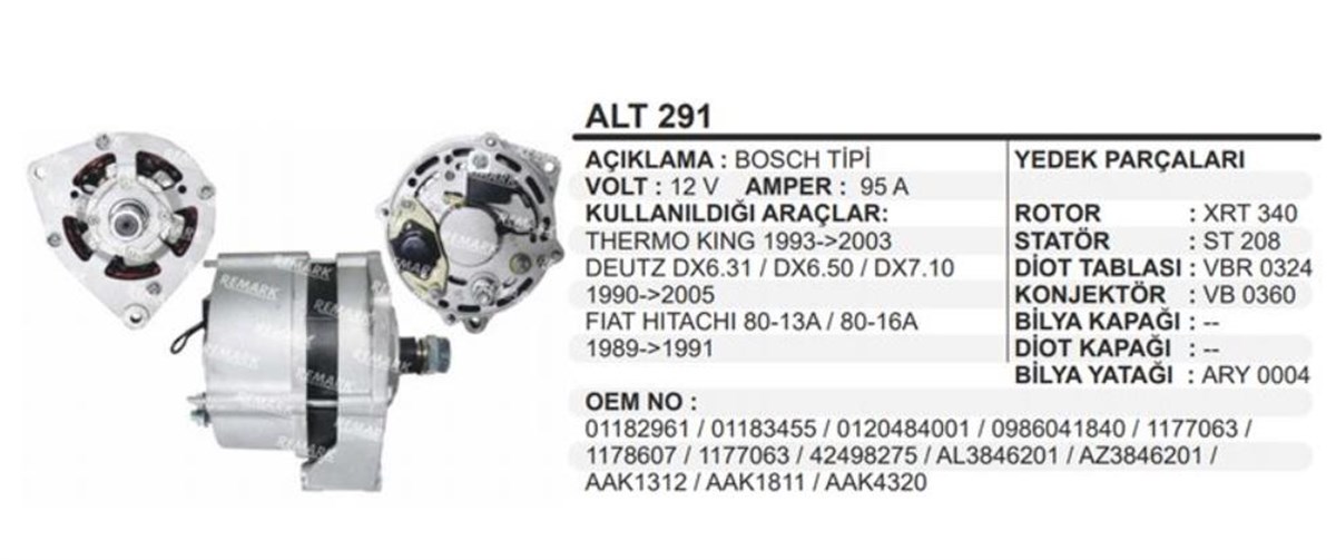Alternatör 12v 95ah Johndeere Deutz Thermoking Iveco Mk İveco New Holland Jcb | Remark Alt291