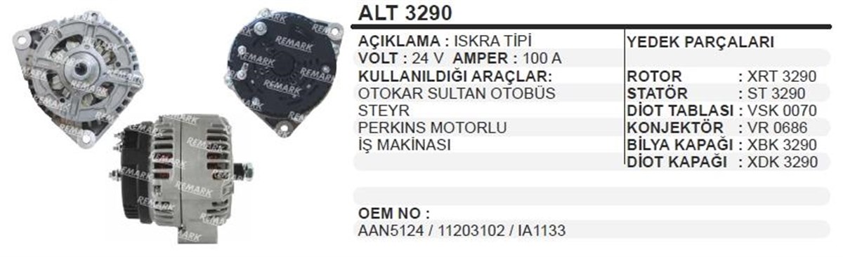 Alternatör 24v 100ah Iskra Tipi Otokar Sultan Khd Magırus Deutz İş Makinaları Steyr Perkins Alt981 | Ithal T3290