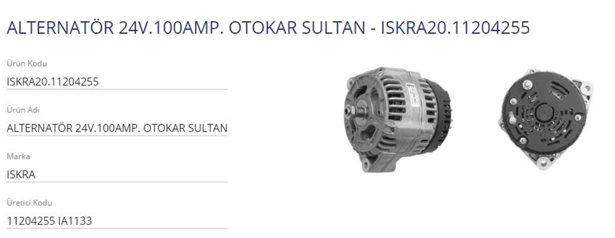 Alternatör 24v 100ah Otokar Sultan Iskra Johndeere Johndere Otokar Sultan Magırus Perkıns Perkins | Iskra 11204255