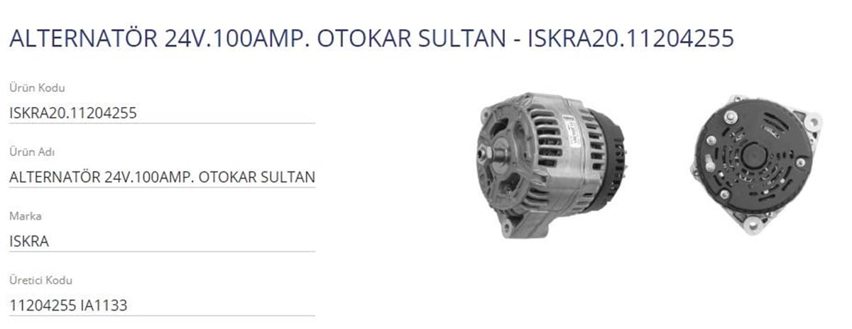 Alternatör 24v 100ah Otokar Sultan Iskra Johndeere Johndere Otokar Sultan Magırus Perkıns Perkins | Iskra 11204255