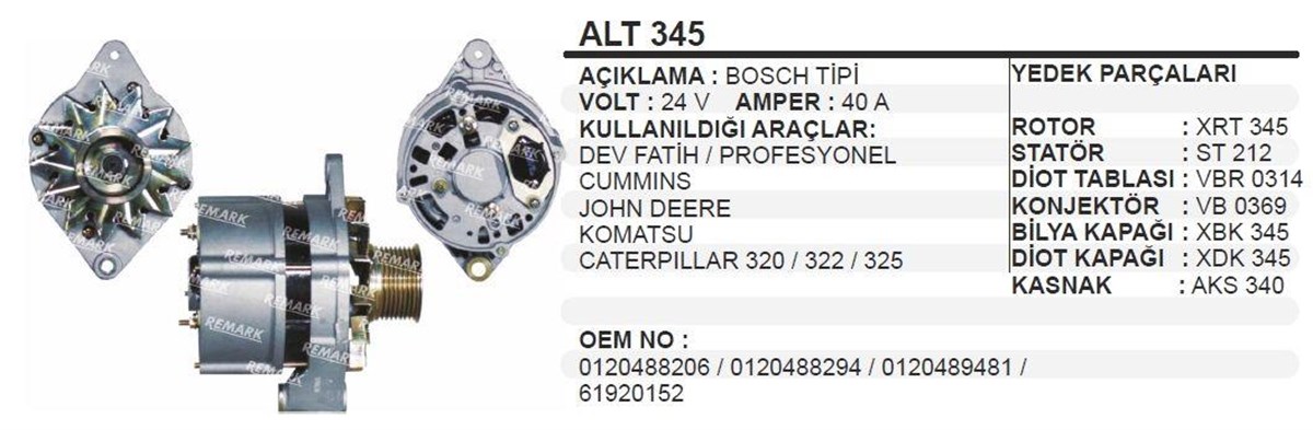 Alternatör 24v 30ah Bmc Dev Fatih Profesyonel Cummıns Johndeere Komatsu Caterpillar 320 322 325 | Remark Alt345