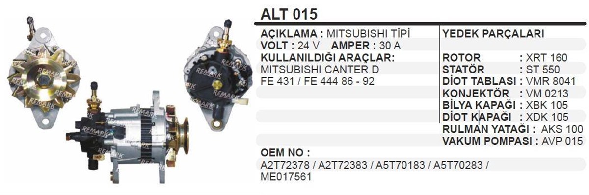 Alternatör 24v 30ah (revizyon) Mıtsubıshı Canter Alt015 (rb)-alt015-u Altv016-111344-111758-a002t71983-wut Alt12551--- | Ithal T015r