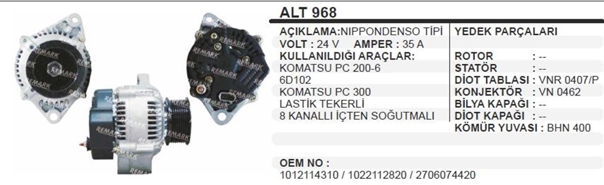 Alternatör 24v 35ah 8pk Nıppon Denso Tıpı Komatsu Lastik Tekerli Komatsu 270 | Dodo Alt968