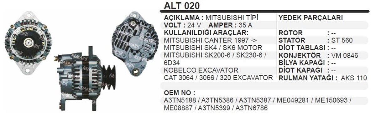Alternatör 24v 45ah Canter Ym 97v Alt020 | Ithal T020