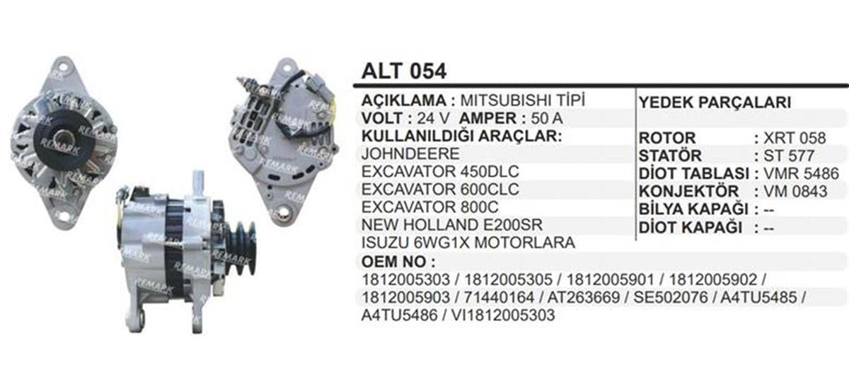 Alternatör 24v 50ah (2pk Lı V Kayış) Isuzu Jcb Nh Johndeere Hıtachı Johndeere Excavatör İş Makınası Hidromek Kepçe Alt054 12744 | Remark Alt054