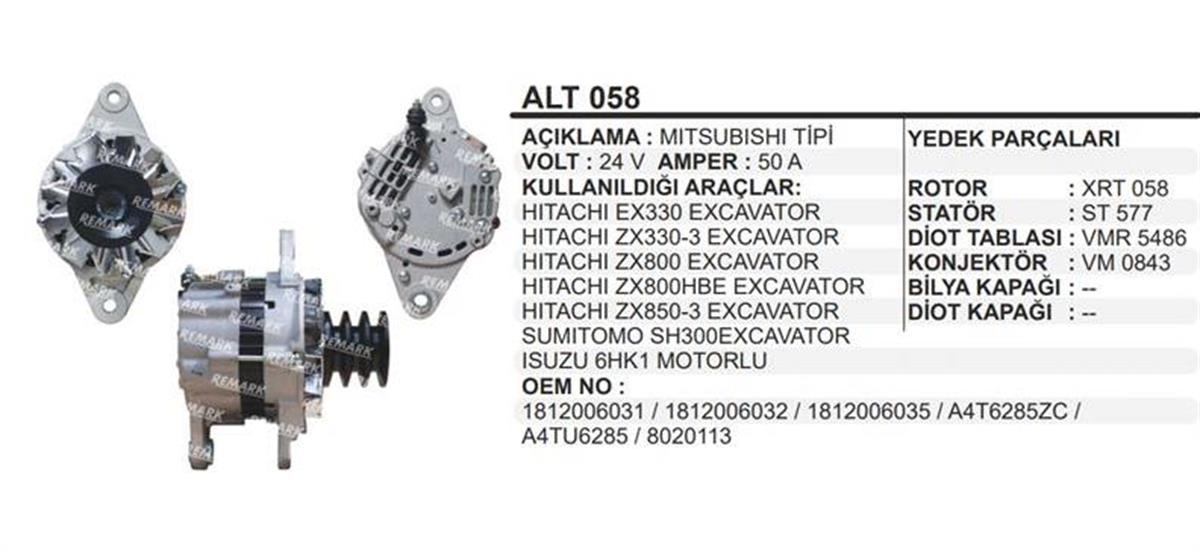 Alternatör 24v 50ah (3pk Lı V Kayış) Isuzu Motorlu Jcb İş.mak.20113 Kepçe 3kasnak 3kanal 3pk Alt058 Alt20113n | Remark Alt058