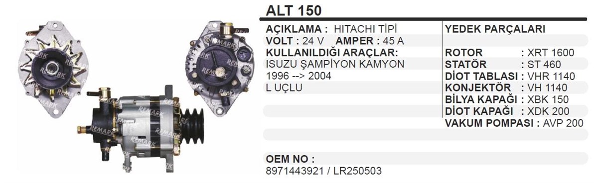 Alternatör 24v 55ah Isuzu Champıon Şampiyon Alt150 | Remark Alt150