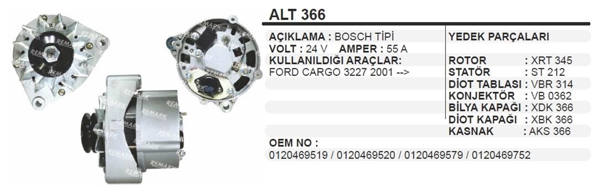 Alternatör 24v 60ah Ford Cargo 3225 Cargo 3227 01>> İki Ayak Kalın Alt366 | Remark Alt366