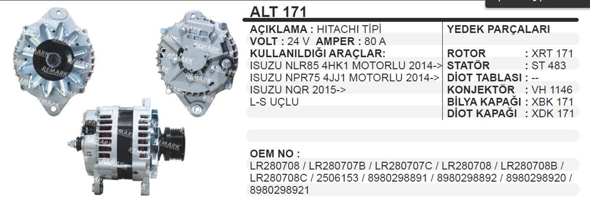 Alternatör 24v 80a Hitachı Tip Isuzu Nqr Npr Ym Vakumsuz (4hk1/4jj1 Motor) | Ithal T171oem