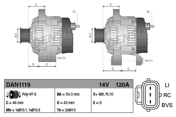 Alternatör 12v 120ah Ford Focus Fiesta Volvo C30 C70 S40 V50 Dan1119 Dan930 | Denso Dan1119