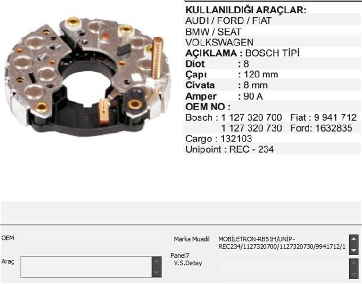 Diyot Tablası 120mm 90ah Tempra Tipo Audi Bmw Audı Ford Fıat Bmw Seat Volkswagen | Vertex Vbr0351