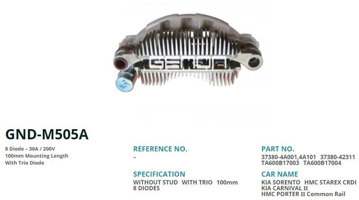 Diyot Tablası 12v 40ah Starex Sorento 100mm H100 Starex | Genon Gndm505a