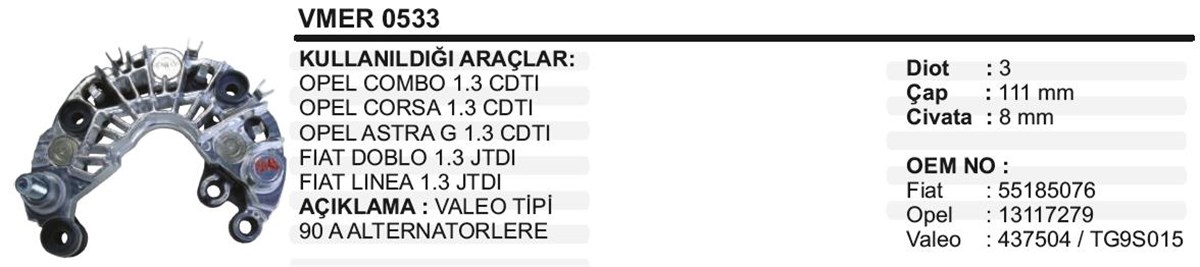 Diyot Tablası 90ah Opel Albea Doblo 1,3 Mer533 | Transpo Mer533