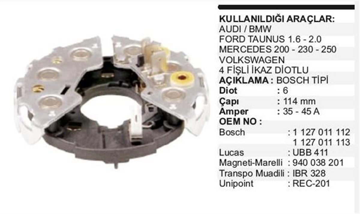 Diyot Tablası Bosch Tip Mercedes Rb01ha Wın-ıbr303 114mm Tr Ibr303 Dodo Ibr303 Rec201-130603-1127011112---dodo Ibr30 | Unıp Rec201
