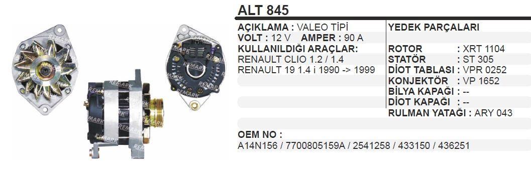 Alternatör 12v 90ah Renault R19 Clio 1.2 1.4 R21 Manager Val.tip-klimalı 3pk Alt845 A14n156 | Dodo Alt845