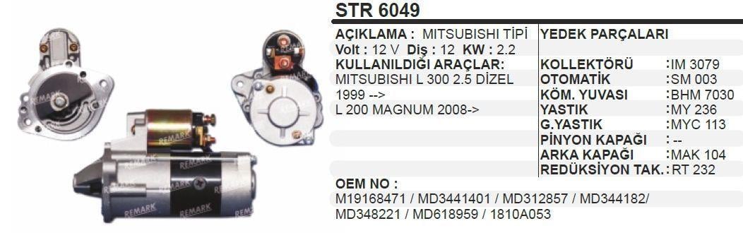 Marş Motoru 12v 12diş Mıtsubıshı Ym Str6049 Uzun Burun Dişli Önde | Dodo Str6049