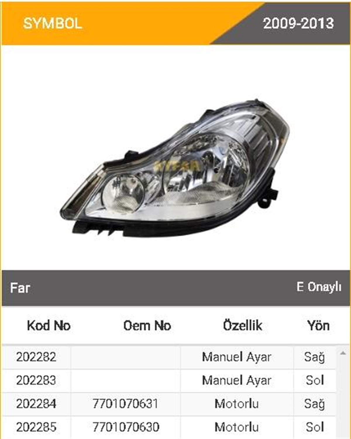 Far Clio Symbol 09-13 Motorlu Ym Sağayf202284 | Ayfar 202284